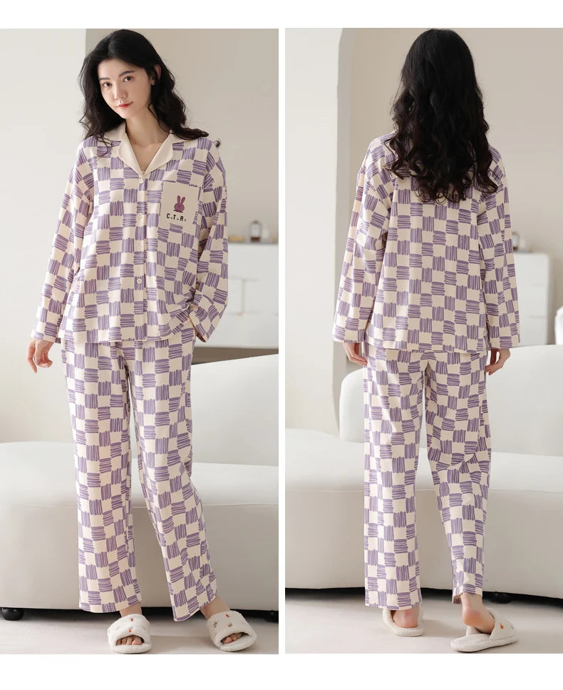 Women’s Winter 100% Cotton Pajama Set – Loose Fit, Turn-Down Collar, Long Sleeves, Cute Pink
