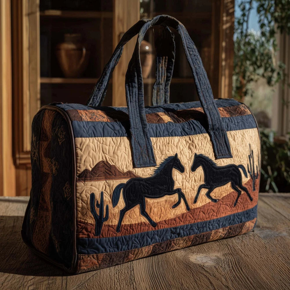 Western Style 3D Quilted Tote Bag Running Horse Cactus Boho Print Travel Purse Handmade Shoulder Bag Large Capacity Carry-On Bag
