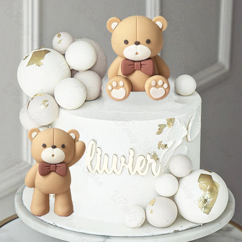 1 Set Brown Bear Cake Toppers  2-4cm White Balls Boho Teddy Bear Cake Topper for Birthday  Shower Cupcake Cake Decoration