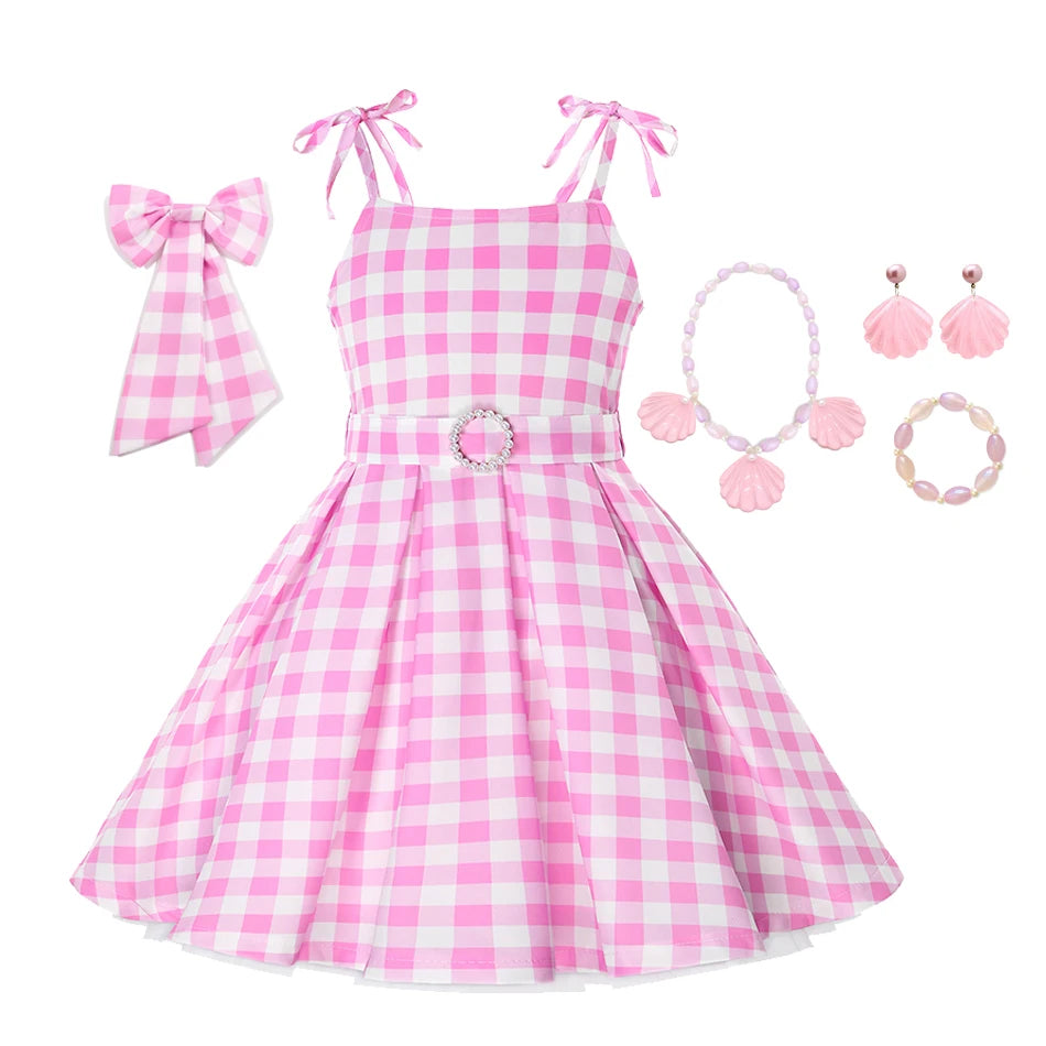 Girls Movie Princess Dress Cosplay Costume Pink Plaid Beach Barbi Outfit Birthday Halloween Party Kids Dress