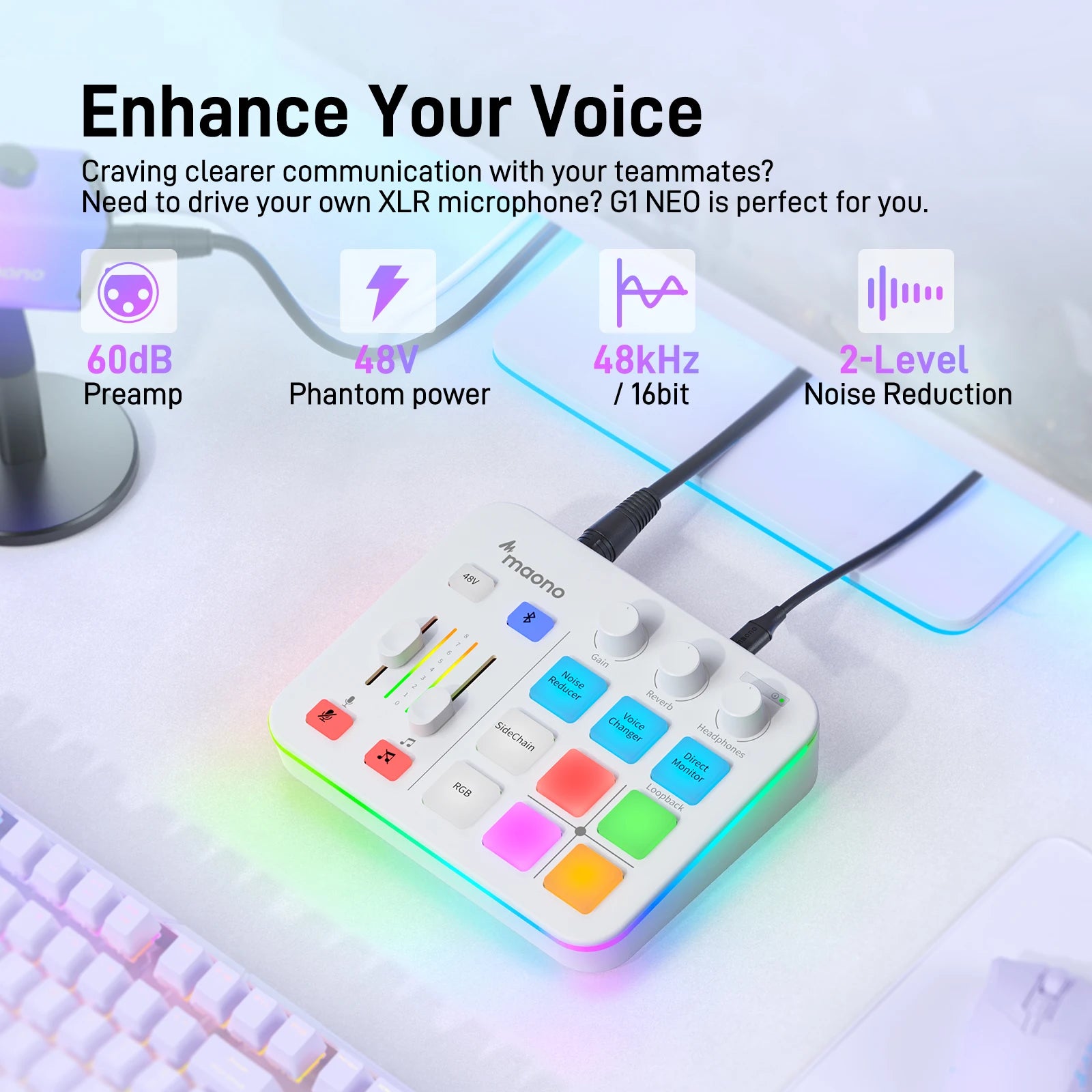 G1 NEO Gaming Audio Mixer,Streaming 4-Channel Custom Sound Effects RGB with XLR Microphone Interface,for GameVoice,Podcast