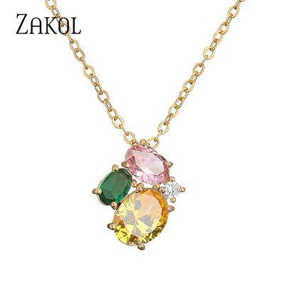 Fashion Mutilcolor Crystal Pendant Necklaces for Women Korean Oval Cubic Zirconia Necklace