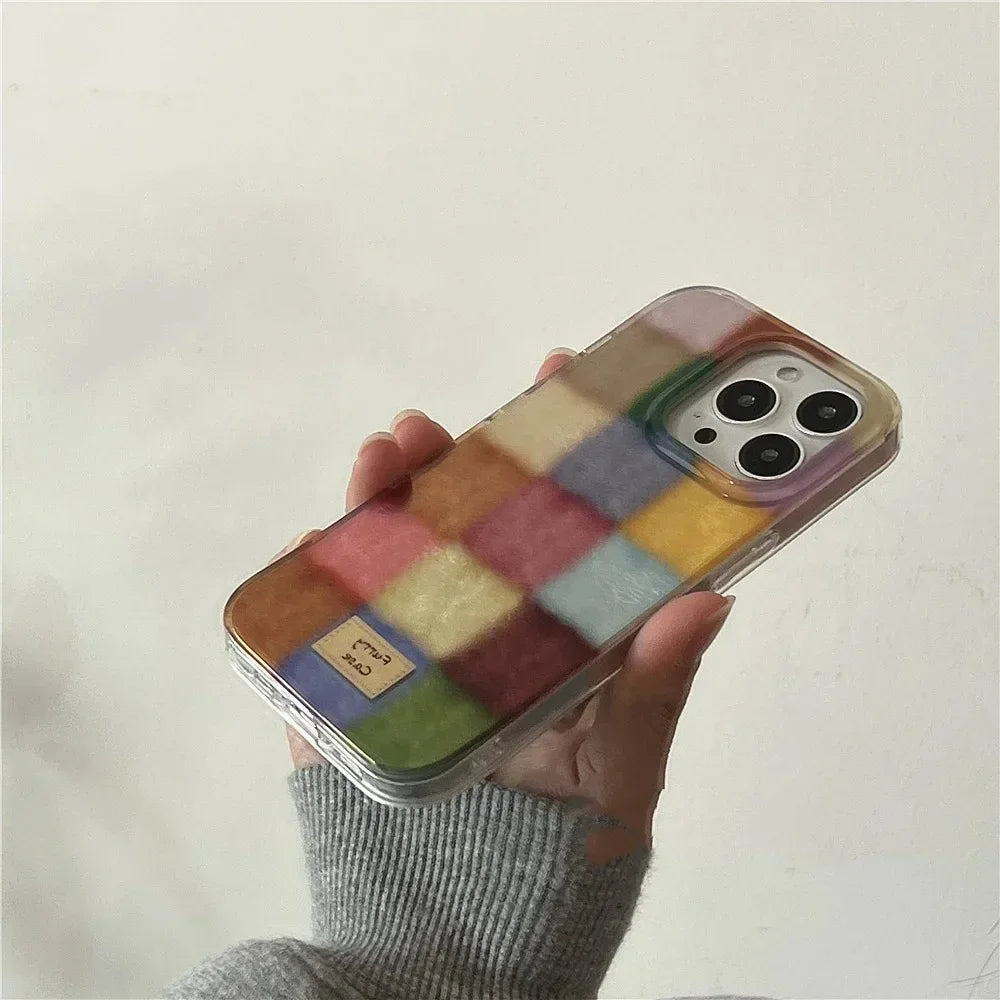 Dopamine Color Block Match Plaid Phone Case For iPhone 17 16 15 14 16E Grid Label Matte Cover