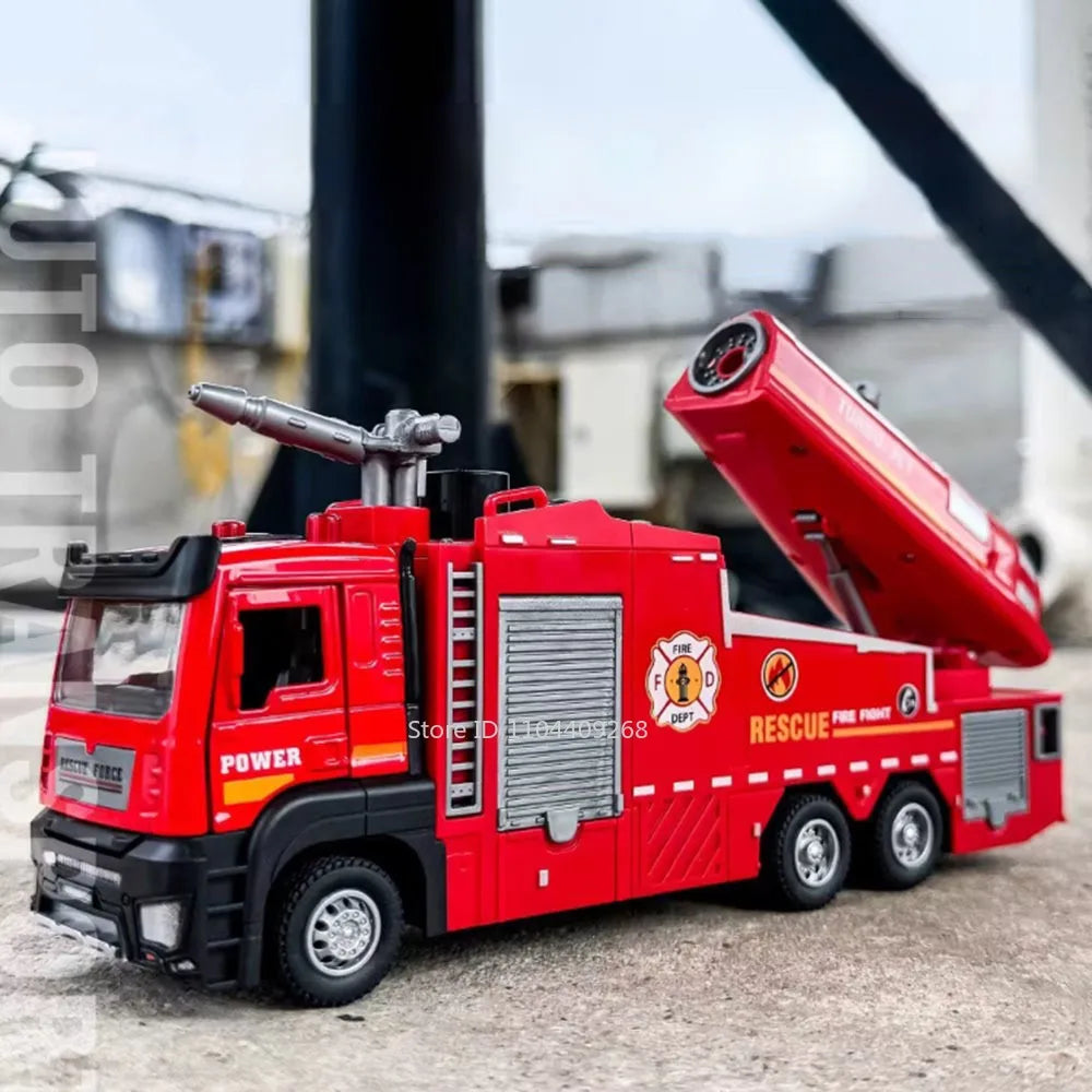 1:32 Water Spray Fog Fire Truck Model Sweeper Toy Car Sound Light Pull Back Doors Opened Vehicles Collection  Gifts