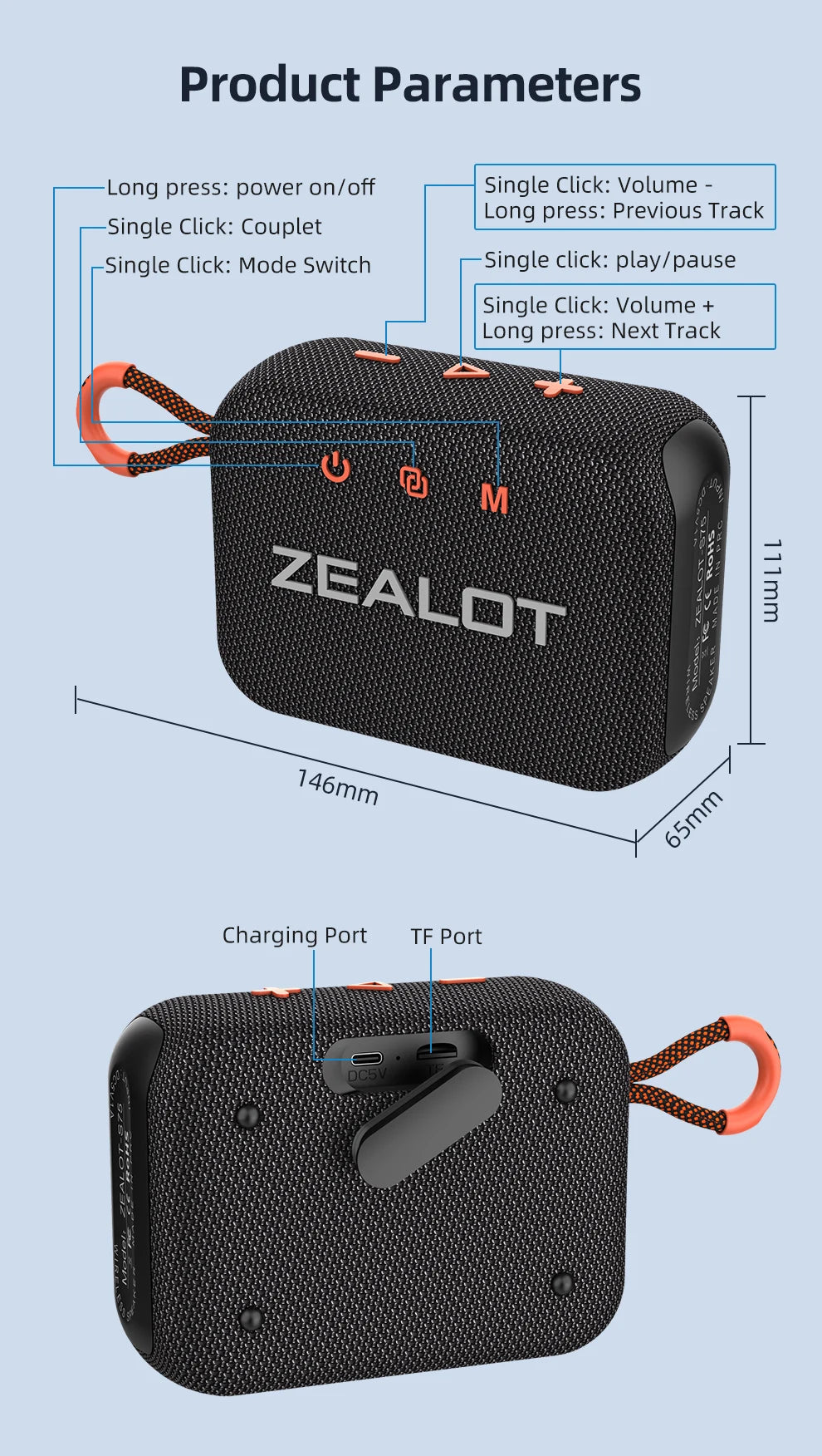 ZEALOT S75 Outdoor Portable Speaker Dual-Driver Bluetooth Speaker, IPX6 Waterproof, True Wireless Stereo for Outdoor