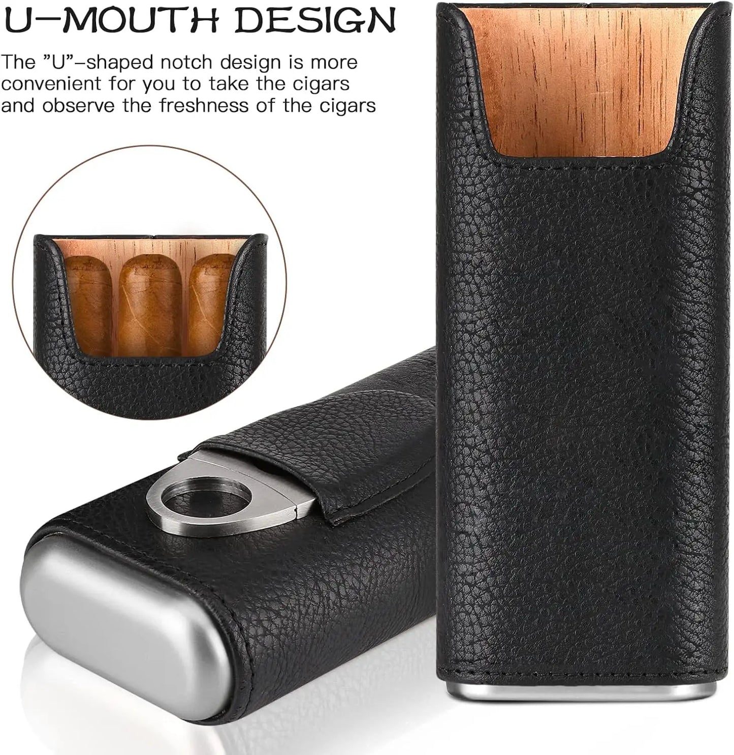 Leather Cigar Case, Cedar Wood Lining Travel Humidors for Cigars, Cigar Accessories Include Stainless Steel Cigar Cutter