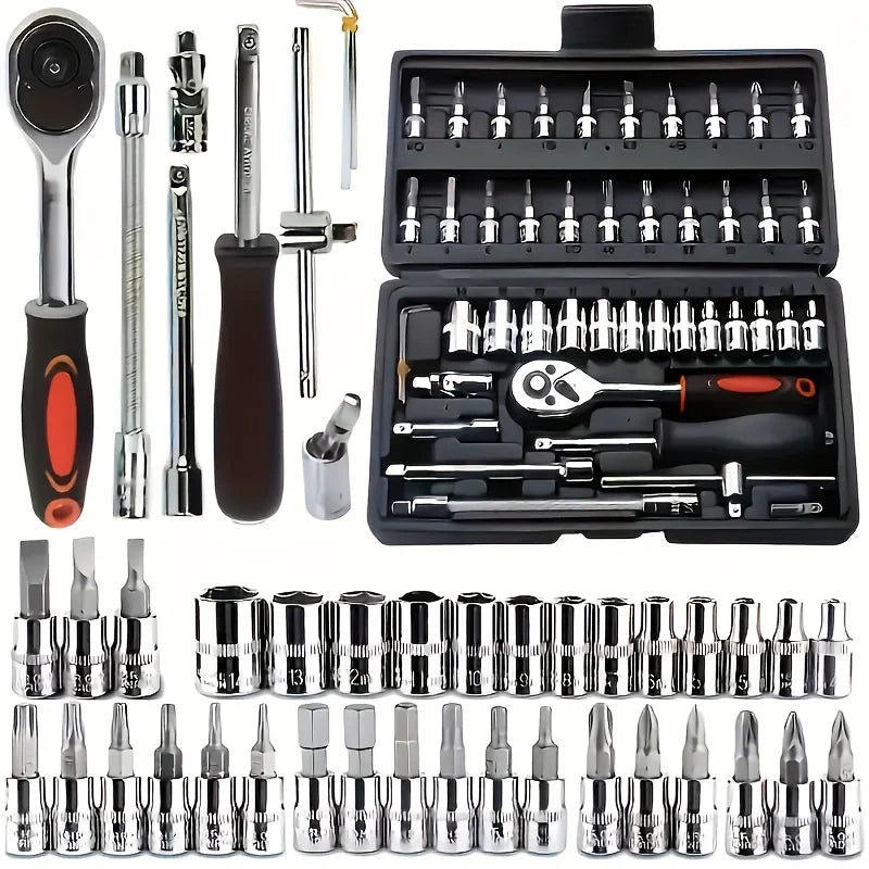 150/46Pcs Auto Mechanical Repair Tool Set Socket Wrench & Ratchet Combination Toolkit Carbon Steel Hand Tools for Car & Home Maintenance