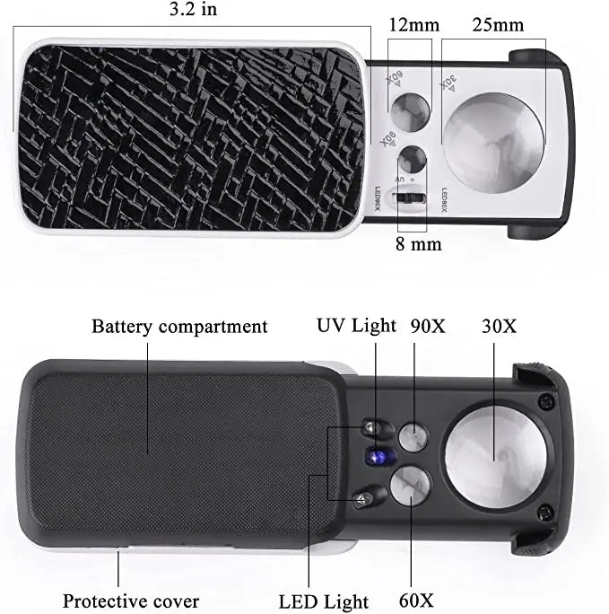 30X 60X 90X LED UV Jewelry Loupe Slide-Out Pocket Magnifier