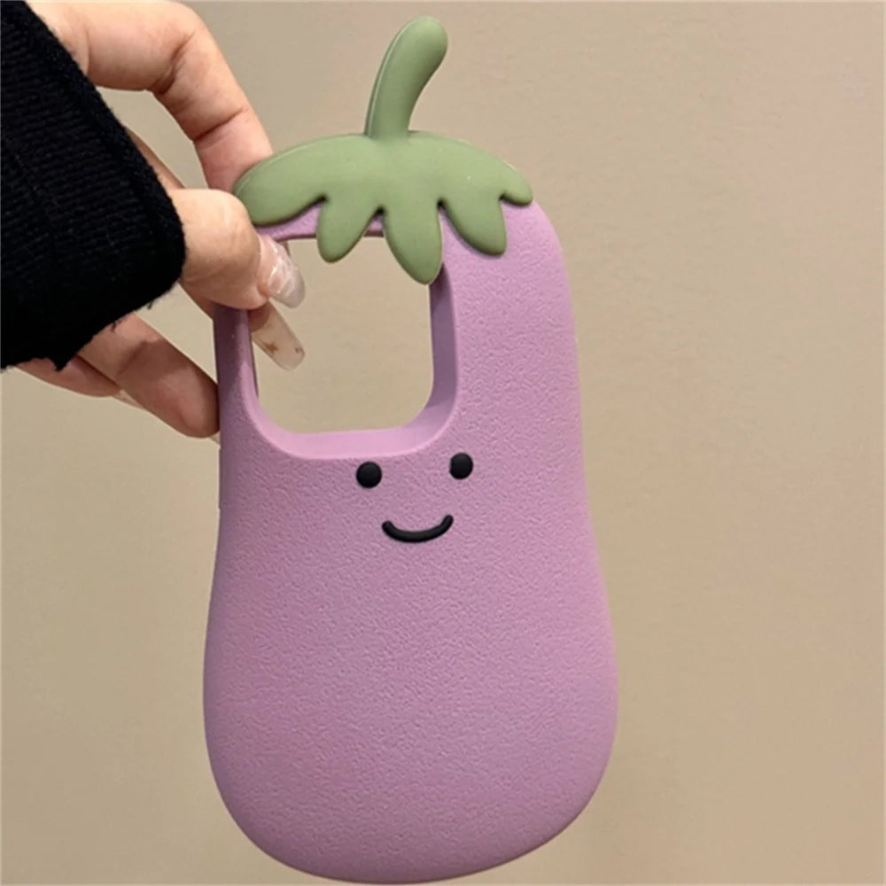 INS Cute Cartoon 3D Eggplant Funny Creative Phone Case For iPhone 16 15 14 13 Pro Max Vegetable Lovely Soft Silicone Back Cover