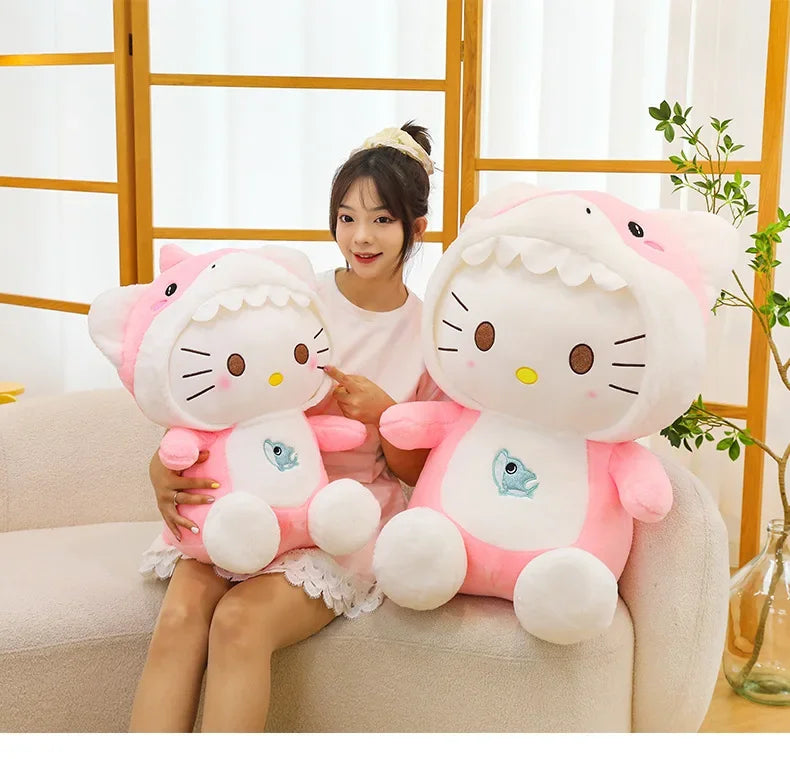 60cm Sanrio Shark Hello Kitty Cat Plush Toys Cartoon KT Cat Plushie Doll Soft Stuffed Anime Pillow Birthday Gifts for Kids Girls