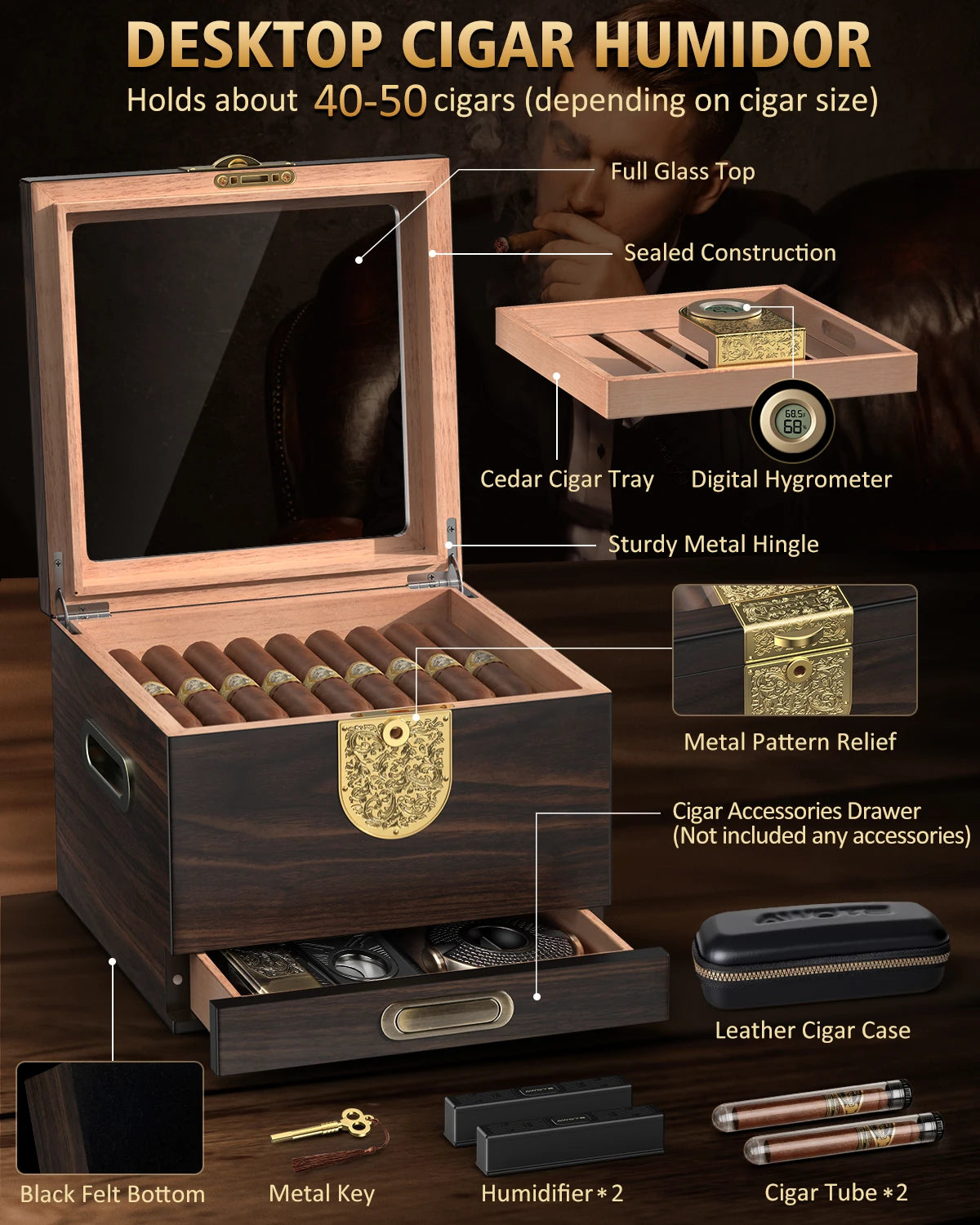 Cigar Humidor, Cedar Wood Cigar Box, Includes Leather Cigar Case, Cigar Tube, Digital Hygrometer and 2 Humidifiers, Gift Set