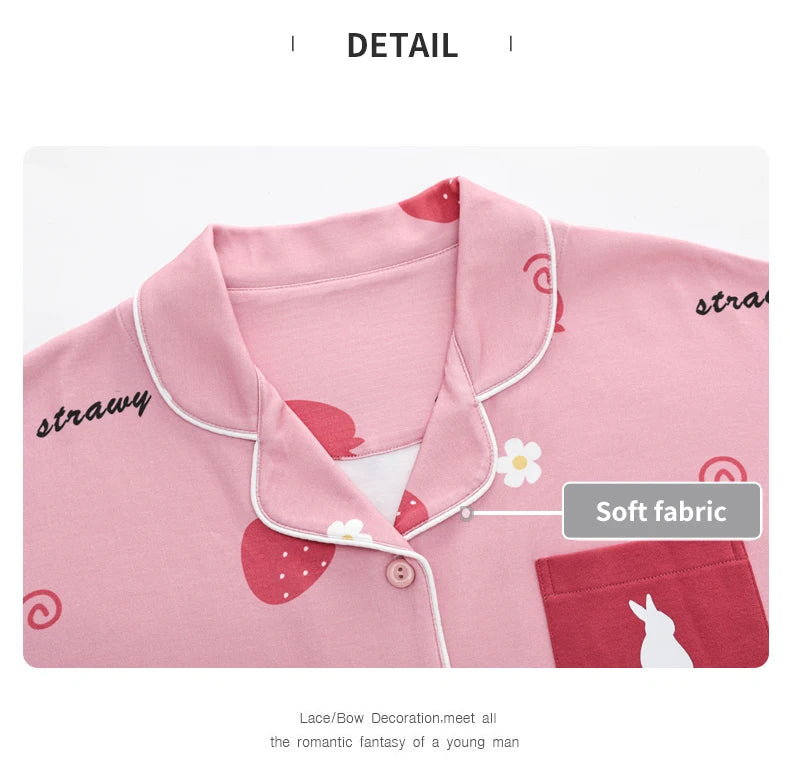 Women’s Winter 100% Cotton Pajama Set – Loose Fit, Turn-Down Collar, Long Sleeves, Cute Pink