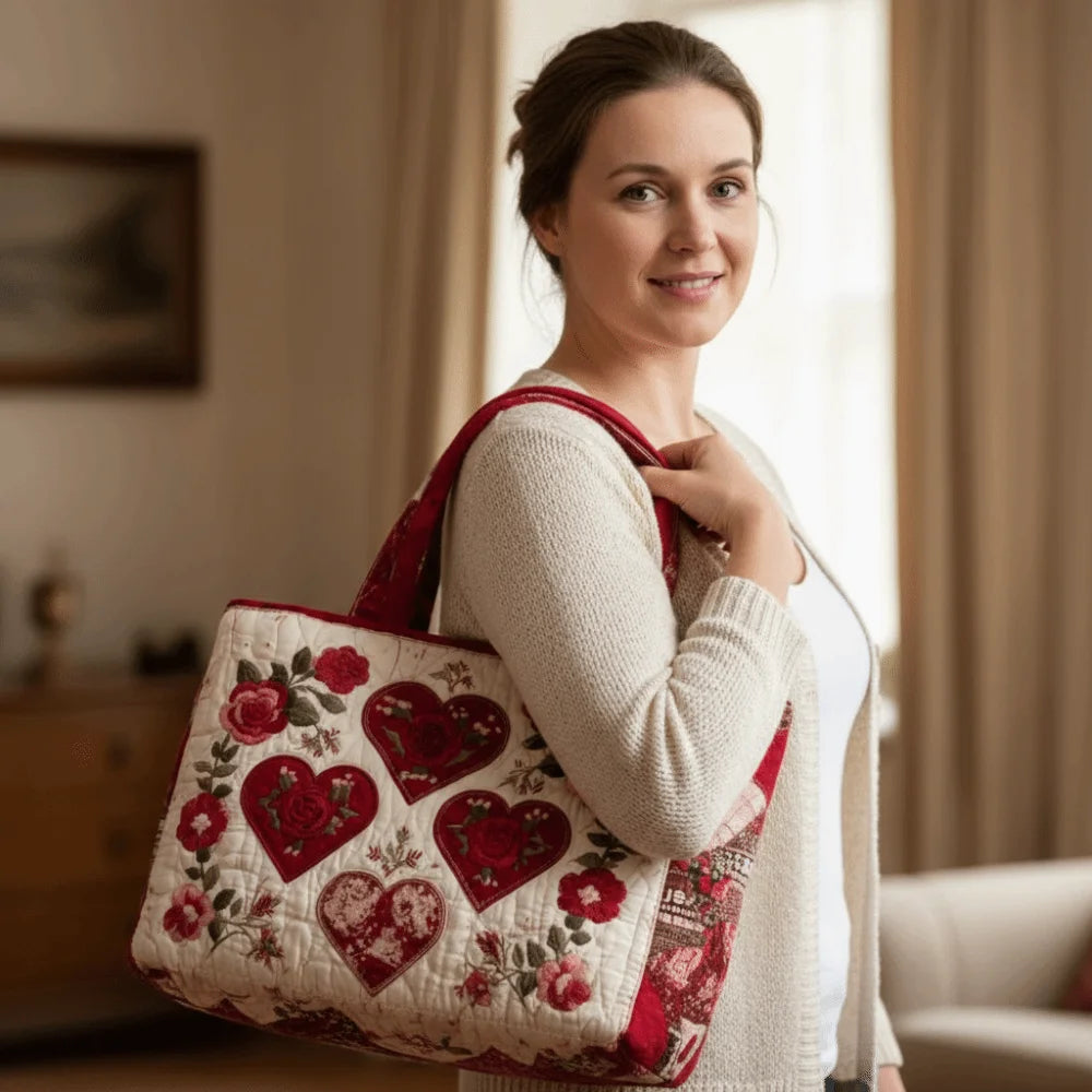 Cat Print Quilted Canvas Tote Bag Large Capacity Floral Shoulder Handbag