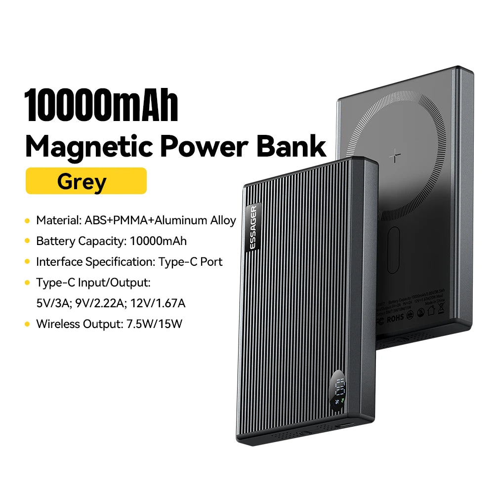 10000mAh Magnetic Power Bank 20W PD Wireless Fast Charging Slim Portable Charger for iPhone MagSafe