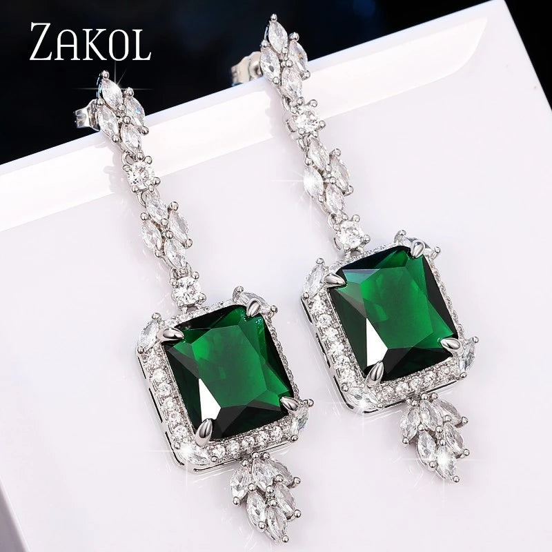 Vintage Green Square Crystal Dangle Earrings