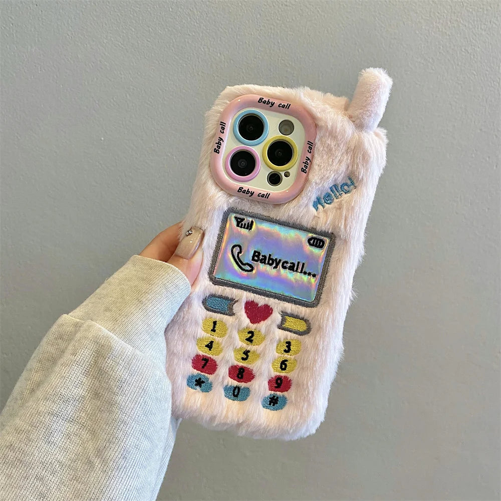 INS Y2K Furry Retro Call Heart Phone Case For iPhone 16 15 14 Pro Max  13 Plus Girl Camera Bracket Winter Silicone Cover