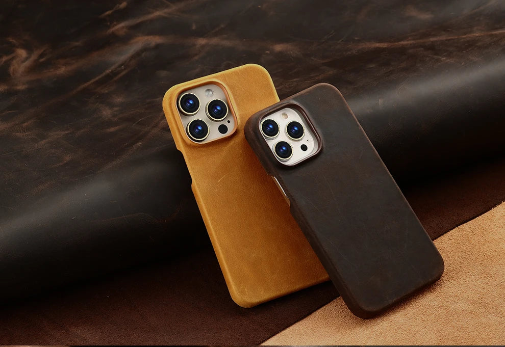 Retro Cowhide Phone Case for iPhone 16 15 14 Pro Max 16Pro 14Pro 15Pro Luxury Crazy Horse Genuine PULL-UP Leather Back Cover