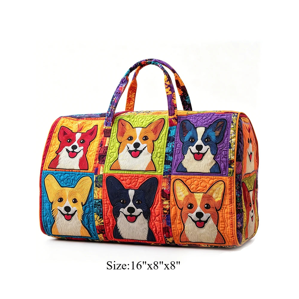 Cute Corgi Dog Print Quilted Duffel Bag Women 3D Puppy Print Travel Weekender Casual Gym Sports Overnight Carry On Bags