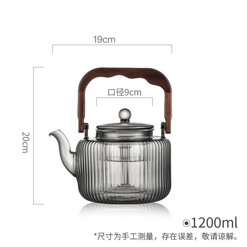 Large Capacity 1200ml Vertical Stripe Pattern Glass Tea Pot Kungfu Tea Set Wooden Beam Tea Kettle Brewing Puer Teapot Teaware