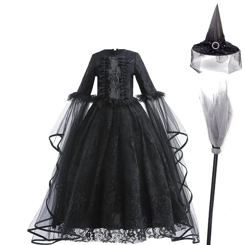 Halloween Witch Dress For Girls Black Evil Queen Cosplay Costume Luxury Lace Ruffles Floor Length Outfits Kids Carnival Frocks