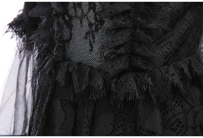 Halloween Witch Dress For Girls Black Evil Queen Cosplay Costume Luxury Lace Ruffles Floor Length Outfits Kids Carnival Frocks