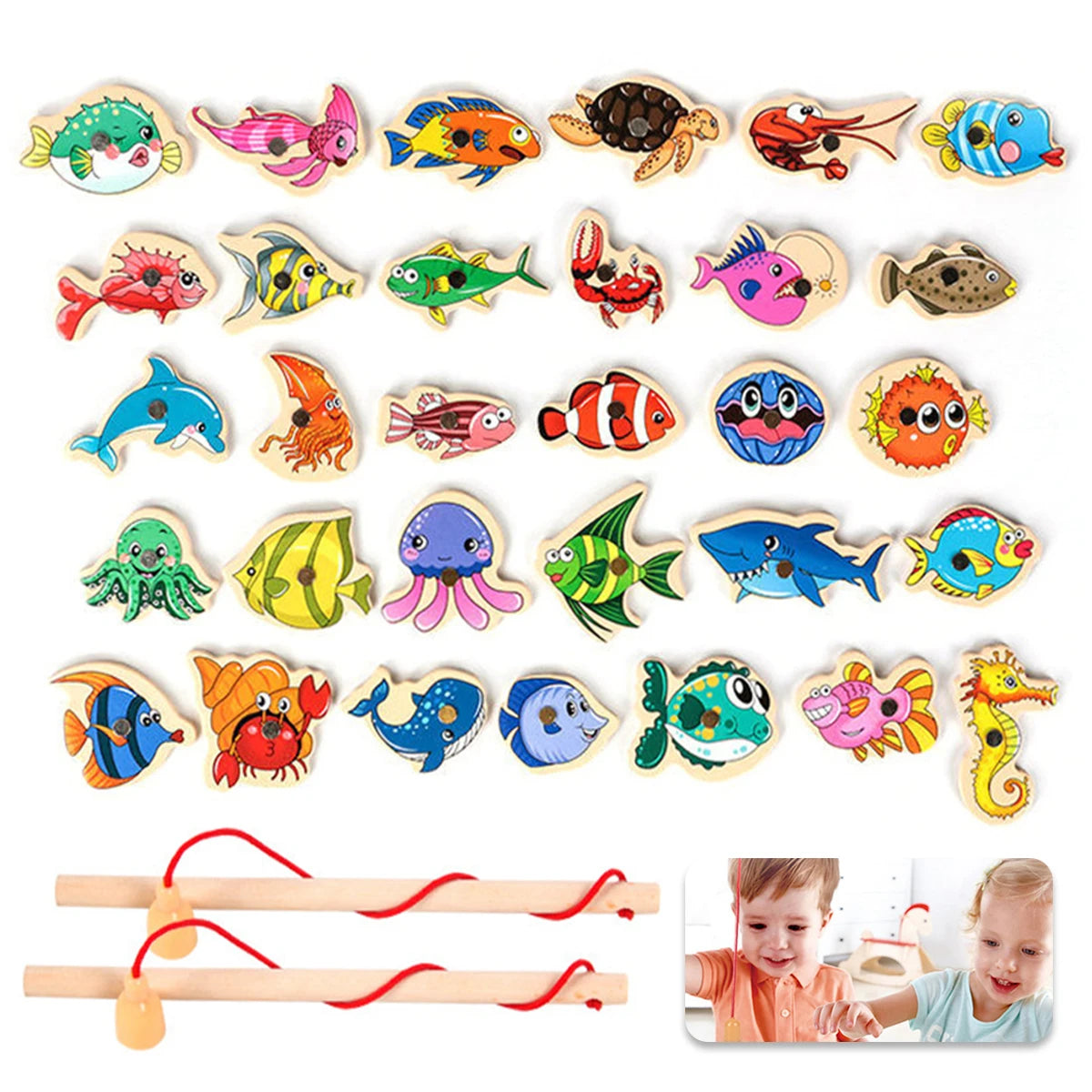 Kids Fishing Toys Montessori Wooden Magnetic Fishing Game Set Cartoon Fishing Rod Educational Toys for Kids Christmas Gift