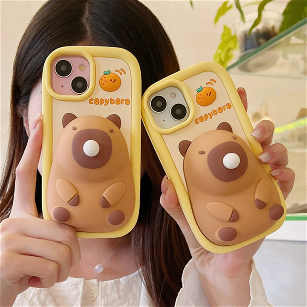 Cute Cartoon Capybara Squishies Phone Case For iPhone 15 13 14 Pro Max Blowing Bubble Lens Protection Soft Silicone Cover