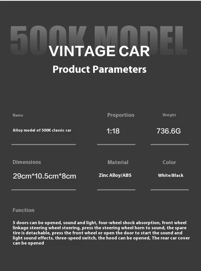 Diecast 1/18 1936 500K Classic Car Alloy Metal Model Sound And Light Toy Collect Display Ornament
