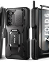 for Z Fold 6 Case with Ring Stand Built-in S Pen Holder & Glass Screen Protector with Slide Camera Cover Belt Clip Black