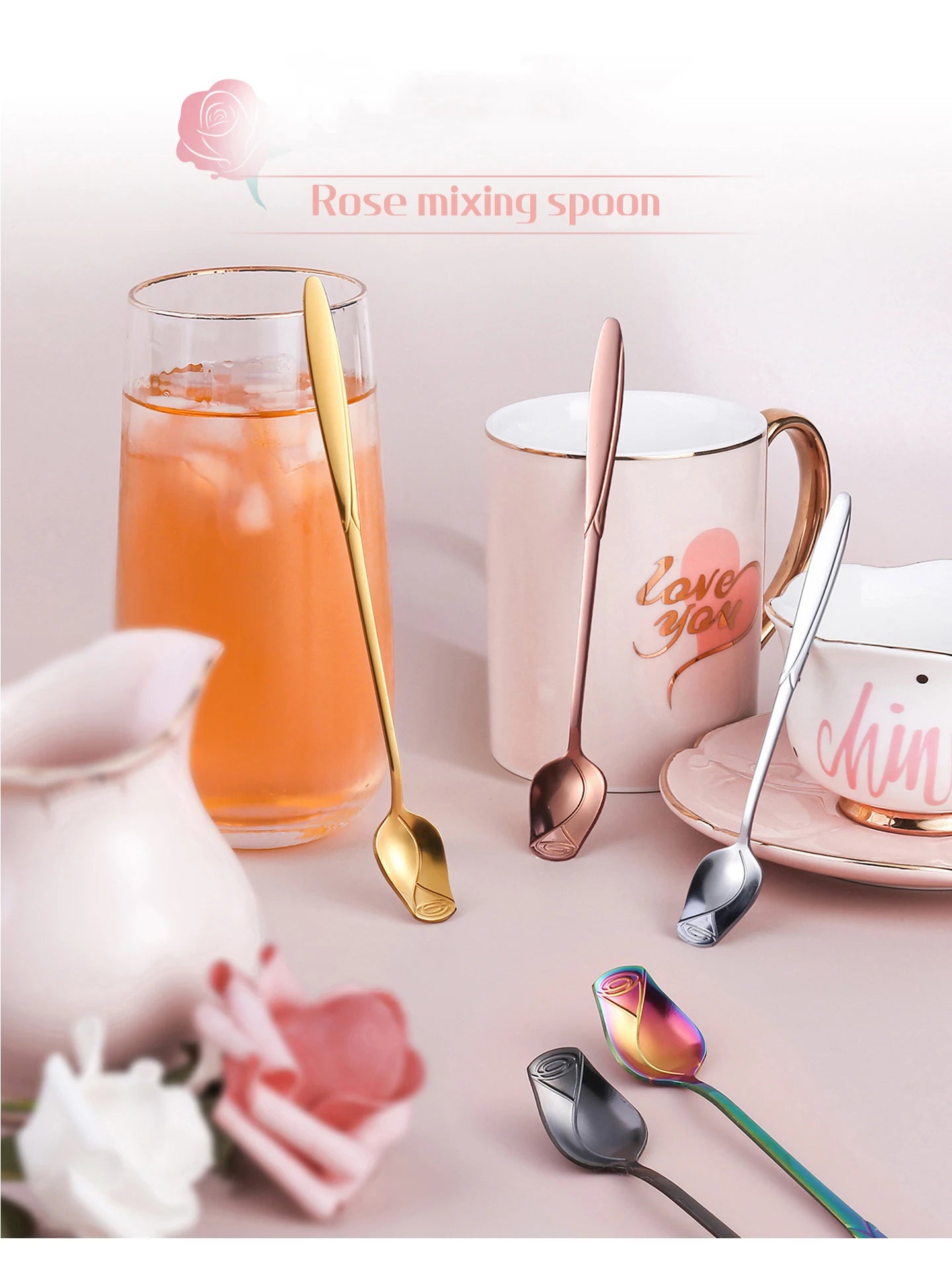 Long Handle Coffee Spoon Stainless Steel Rose Mixing Spoon Pretty Flower Teaspoons for Dessert Honey Salad Cake Tea Home Decor