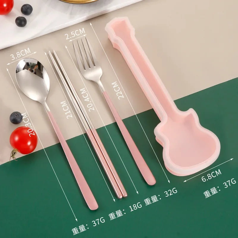 2/3Pcs Cutlery Set Fork Spoon Chopsticks Dinnerware Set 304 Stainless Steel Portable Travel Flatware Guitar Box