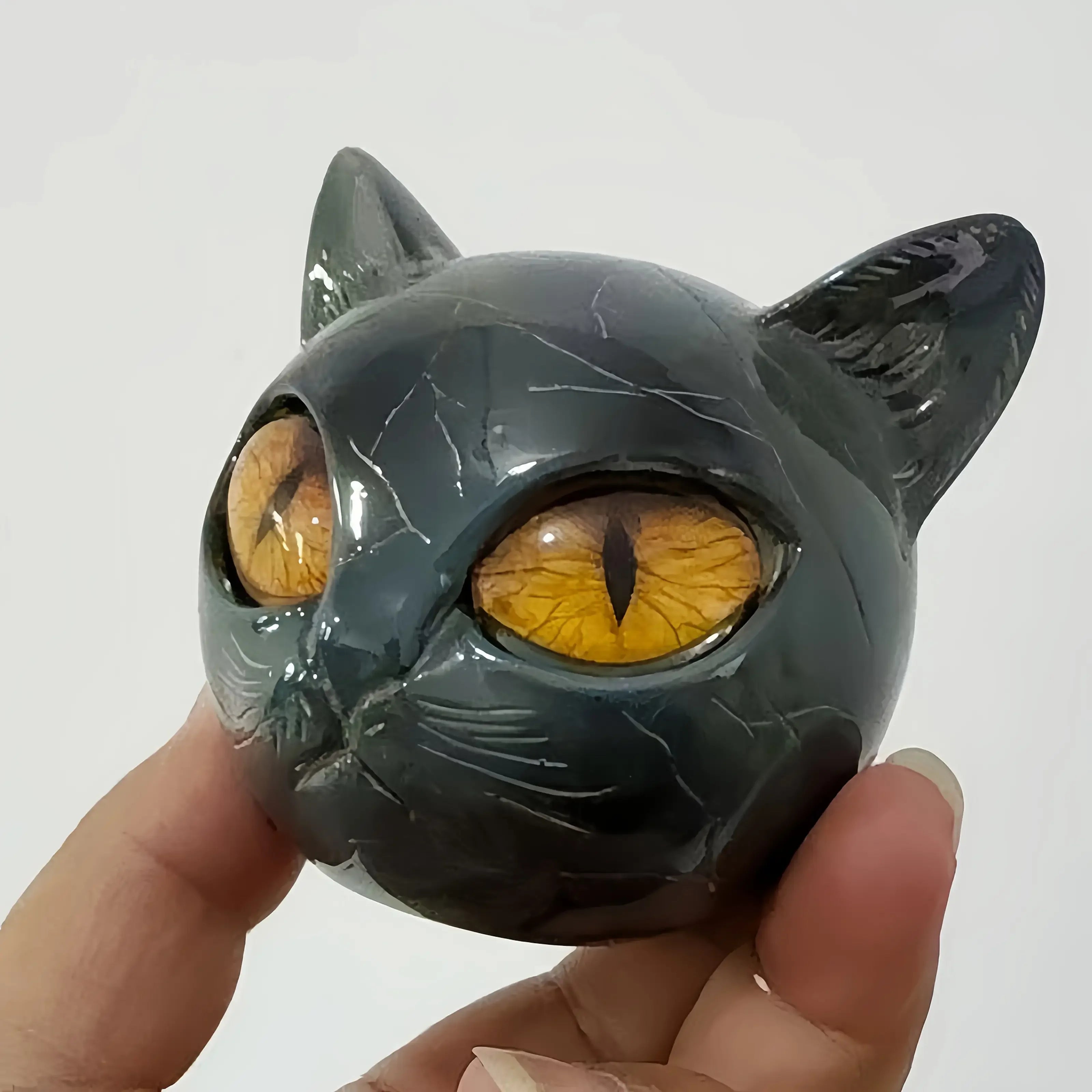Cat Head Statue - Elegant Marble-like Glossy Resin Sculpture with Golden Eyes & Black Marble Texture,Desktop Decor for Home/Offi