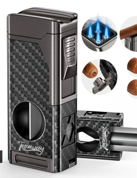 Cigar Lighter 4 Jet Flame Cigar Lighters with Cigar Cutter Cigar Accessories Cigar Draw Enhancer Windproof Refillable Butane
