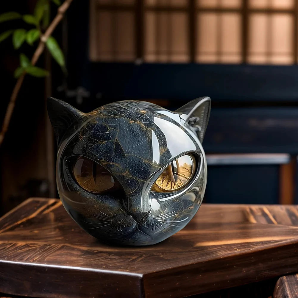 Black Cat Figurine Resin Cat Head Healing Stone Marble Texture Cat Stone Resin Cat Sculpture Ornament Cat Sculpture Craft Decor