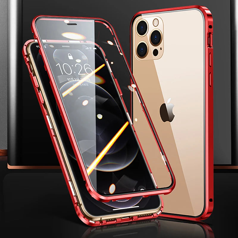 360°Full Protection Metal  Snap Lock Phone Case For iPhone 16 Pro Max 14 15 Pro Max Double-Sided Glass Bumper Case