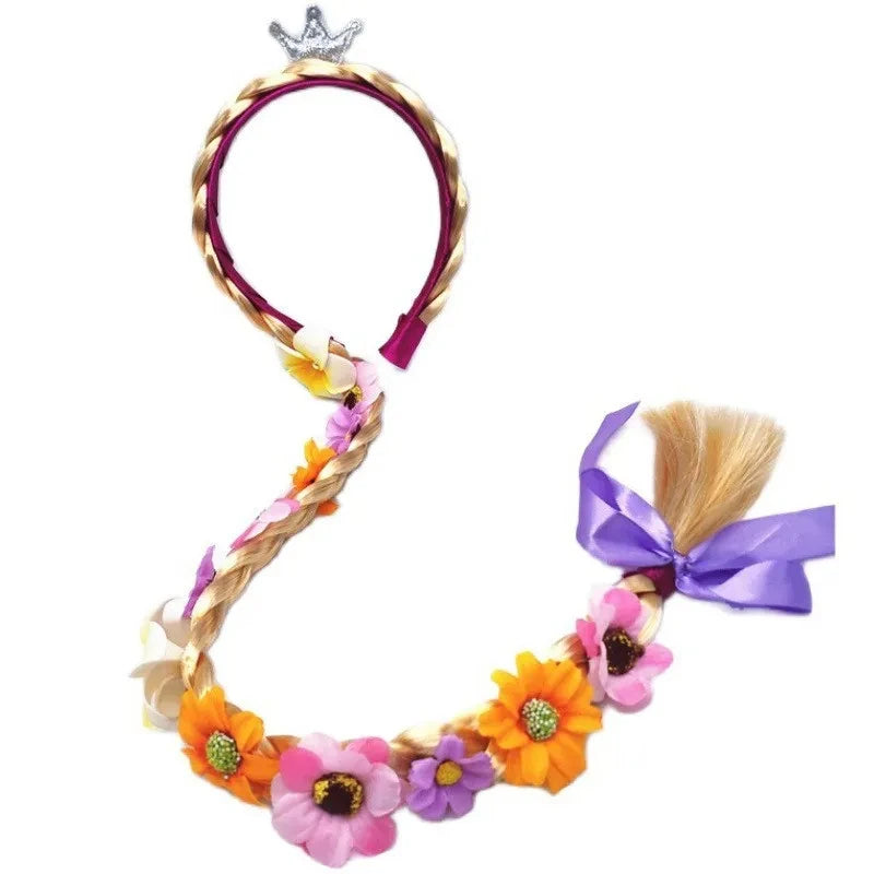 Princess Girls Flowers Headband Flower Fary Dress Up Weaving Long Braid Wig Headband Kids Halloween Rapunzel Cosplay Head Wear