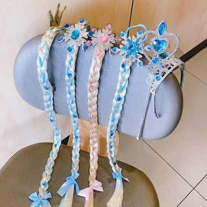 Girls Elsa Cosplay Headband Weaving Braid Tangled Snowflake Crown Headband Hair Accessories Girl Princess Bow Hair Ornament