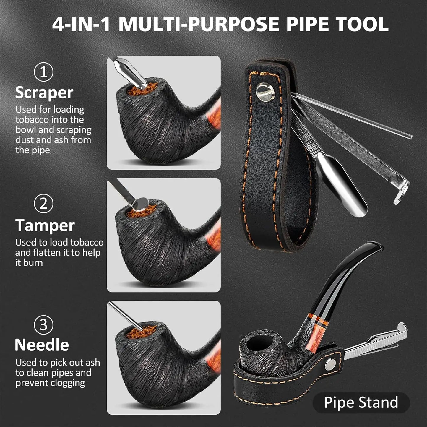 Pipe Set with PU Leather Pouch, Wood Pipe with 4-in-1 Pipe Stand Holder and Pipe Accessories, Beginner Pipe Kit