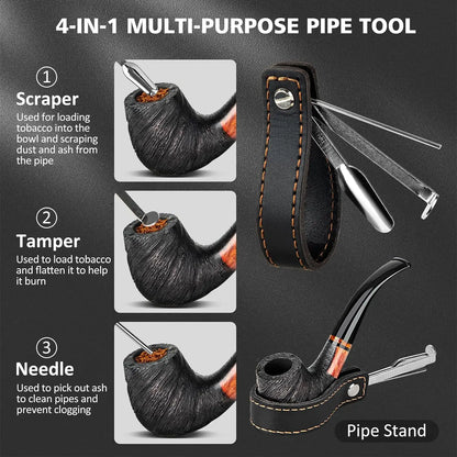 Pipe Set with PU Leather Pouch, Wood Pipe with 4-in-1 Pipe Stand Holder and Pipe Accessories, Beginner Pipe Kit