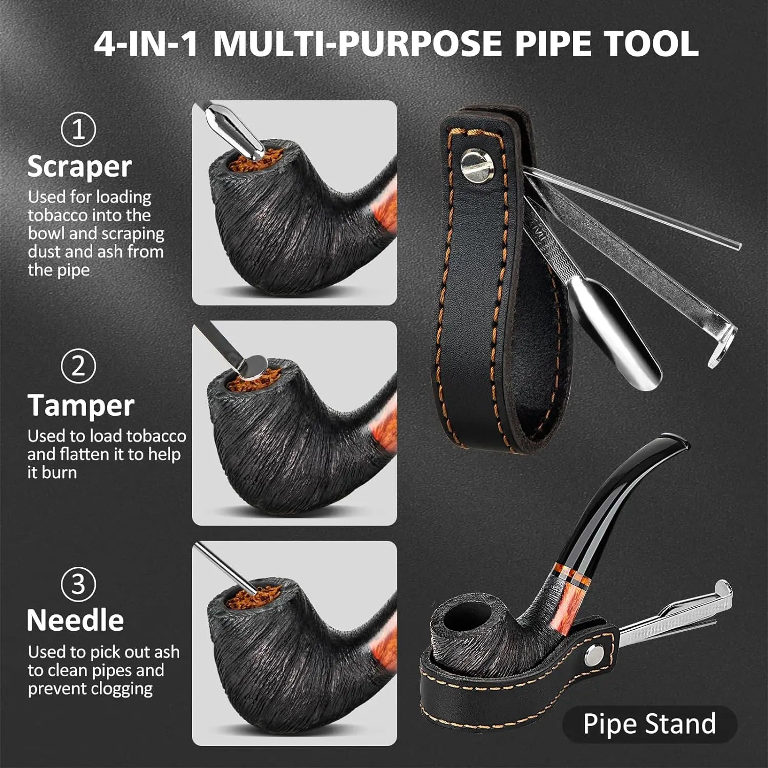 Smoking Pipe Set with PU Leather Pouch,Wood Pipe with 4-in-1 Pipe Stand Holder and Pipe Accessories,Beginner Pipe Kit