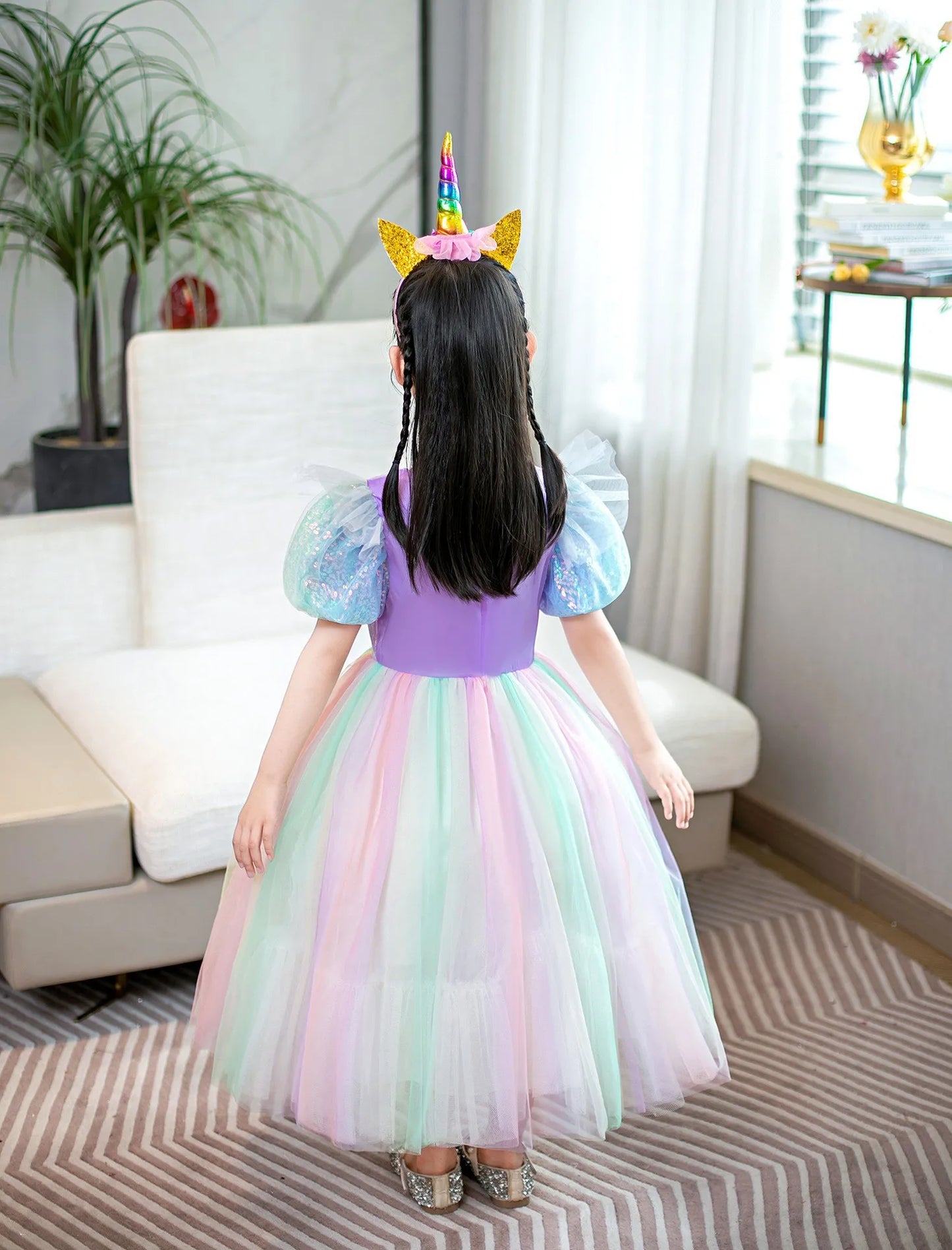 Rainbow Gradient Princess Ball Gown with Puff Bubble Sleeves