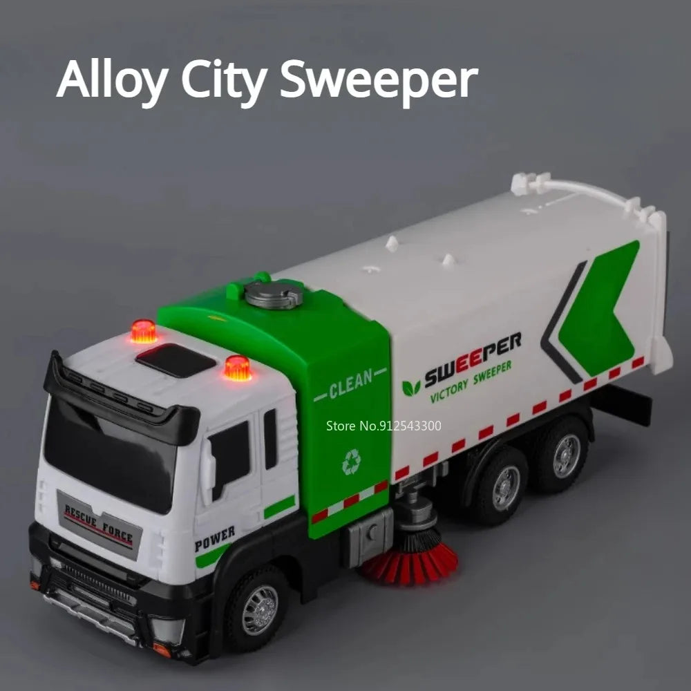 1:32 Water Spray Fog Fire Truck Model Sweeper Toy Car Sound Light Pull Back Doors Opened Vehicles Collection  Gifts