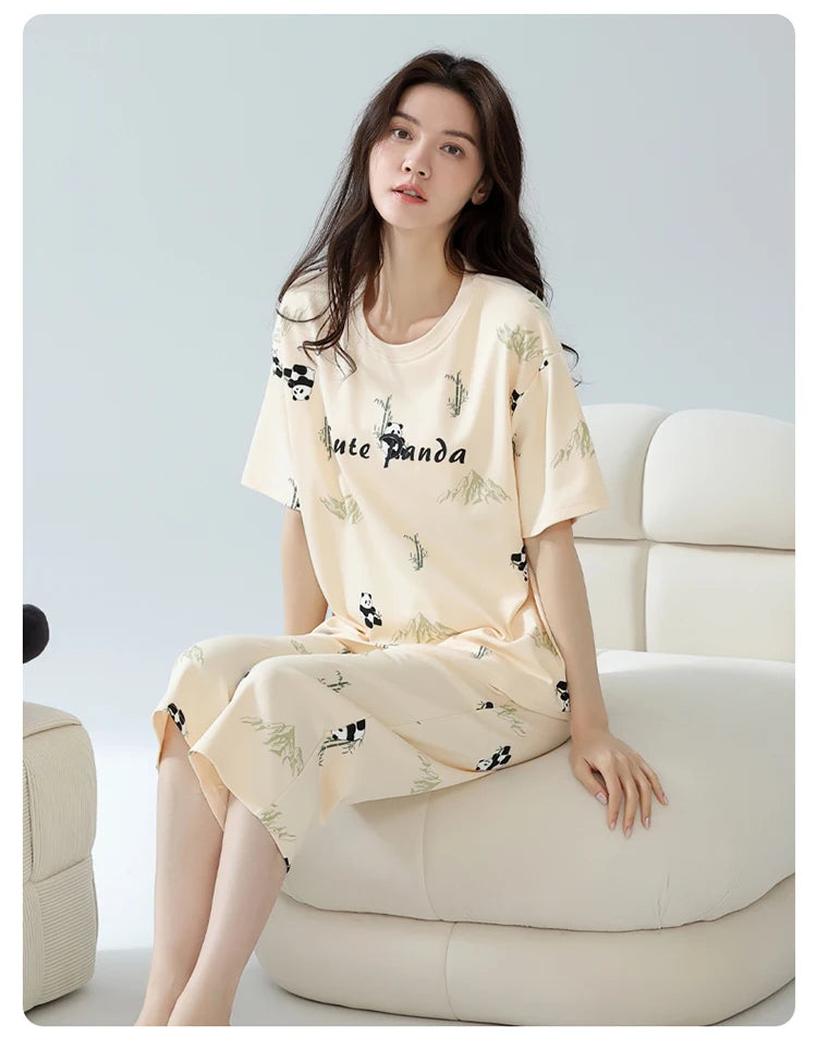 2-Pcs Women’s Cotton Pajama Set – Breathable Short Sleeve Summer Sleepwear with Cute Prints