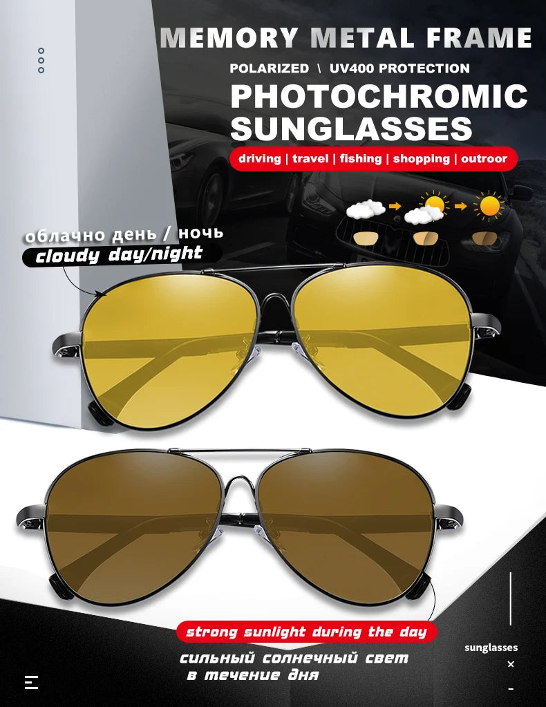 Memory Titanium Pilot Polarized Sunglasses UV400 Photochromic Night Vision Glasses for Men Women