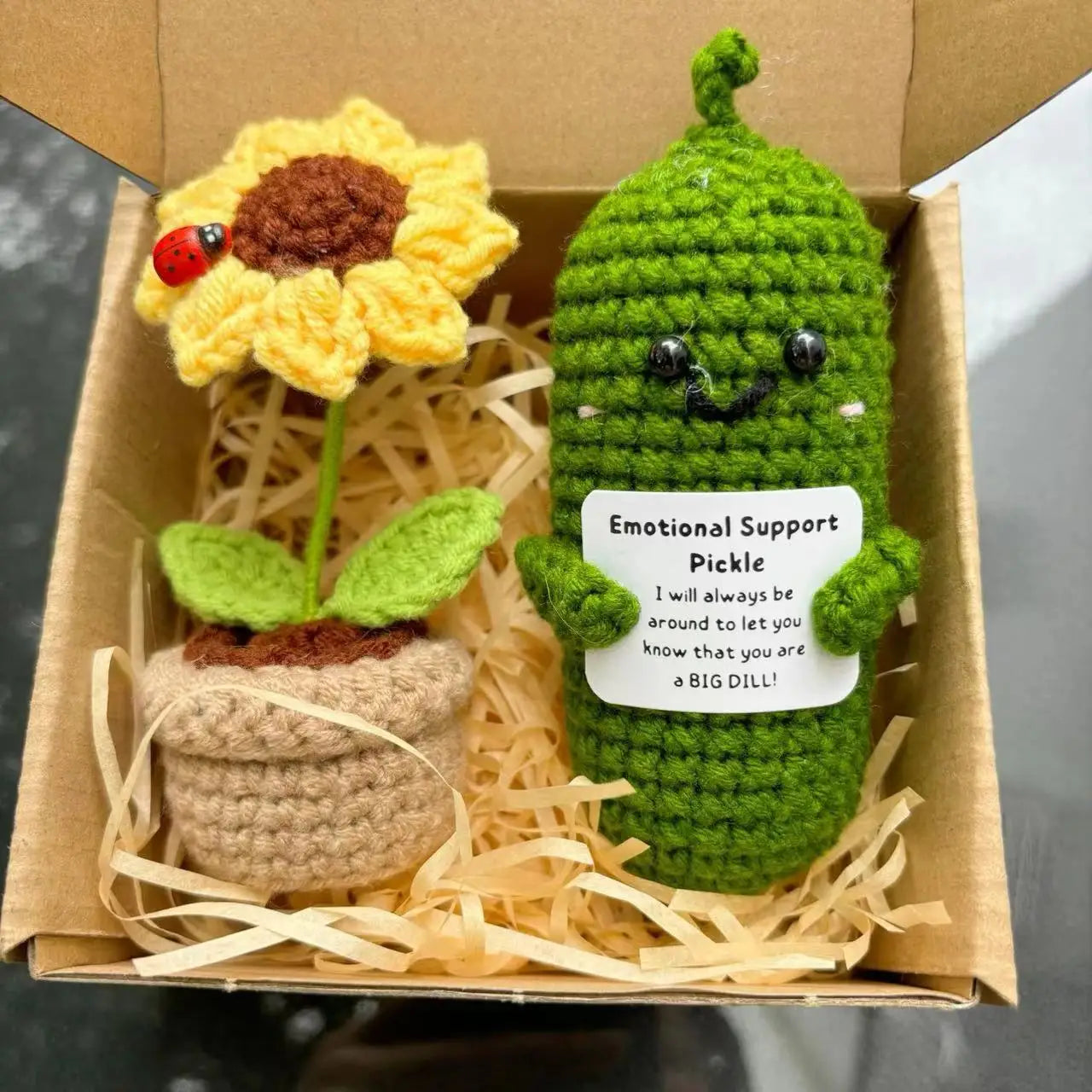 4 Pcs Positive Energy Cucumber with Sunflower Pot Kit Home Room Decor Funny Handmade Knitted Potatoes Wool Doll Christmas Gifts