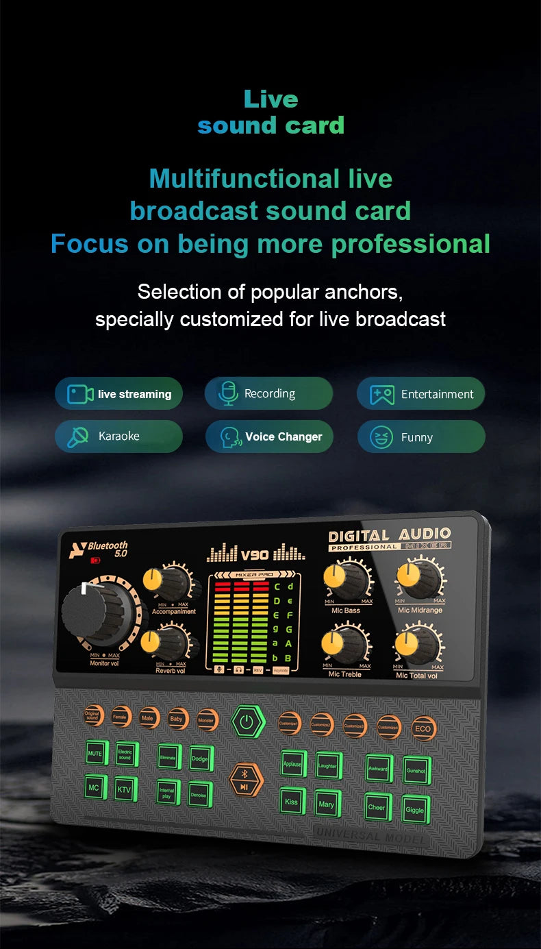 Gaming Audio Mixer,Streaming Mixer with Audio Interface BT Sound Board Voice Changer Sound Card,for PC Phone Live Streaming