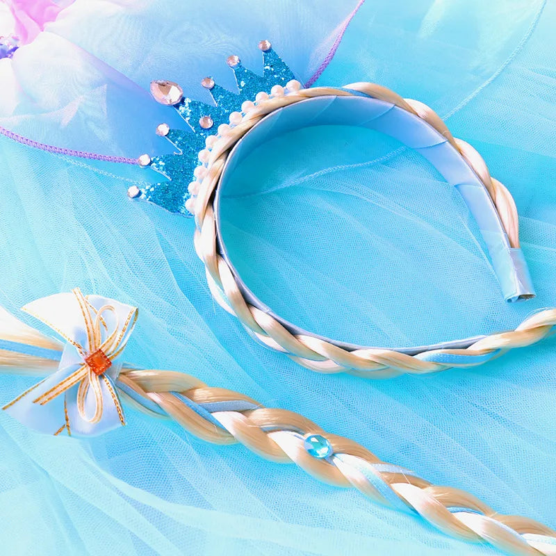 Girls Pink Blue Purple Flower Weaving Braid Headband  Princess Dress Up Hair Accessories Aurora Elsa Sofia Rapunzel Wig