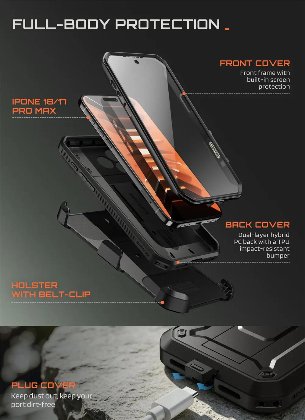 Full Body Rugged Phone Case with Built In Screen Protector and Belt Clip Holster for iPhone 17 Pro Max and iPhone 18 Pro Max