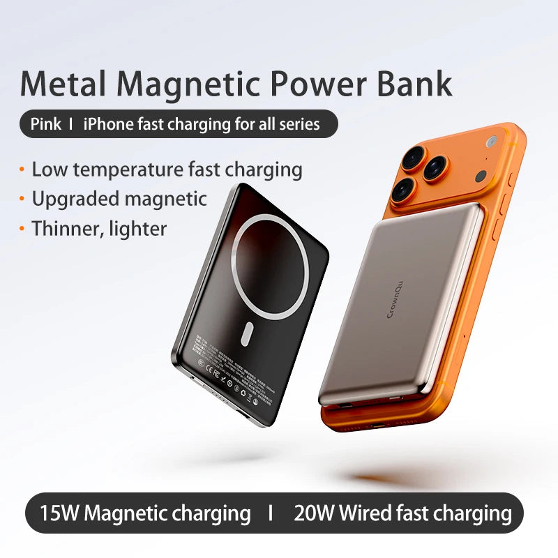 Metal Magnetic Wireless Power Bank 20W USB-C Fast Charging Protable External Battery for iPhone 17 16 15 14 13 12 Smartphone