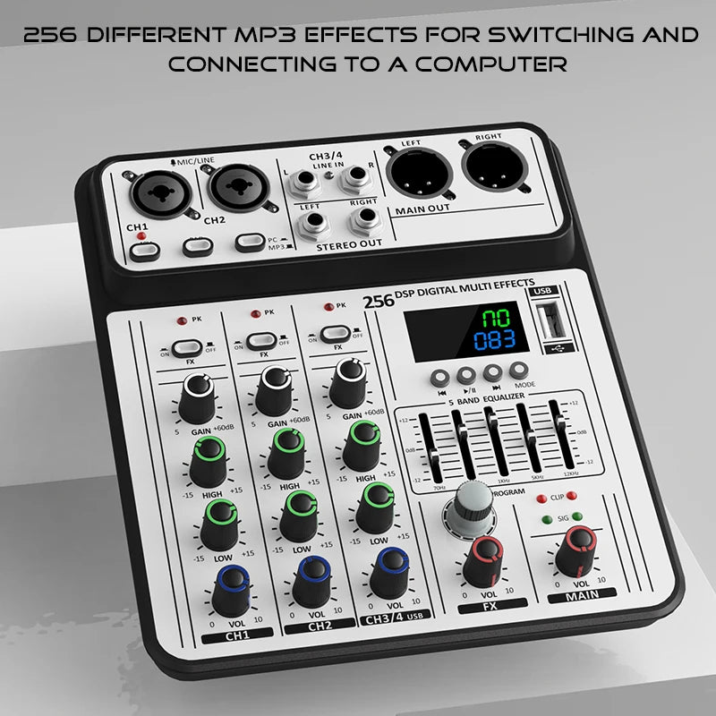 Professional 4-Channel 256DSP Audio Mixer 48V Phantom Power USB Studio Karaoke Bluetooth DJ Console Mixer